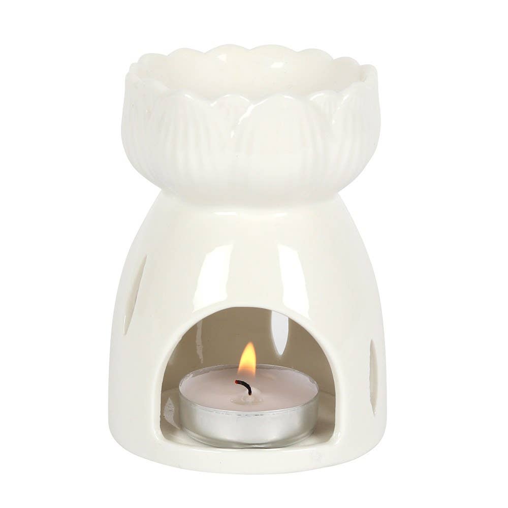 Quemador de Aceite y Calentador de Cera Flor de Loto Blanco Brillante